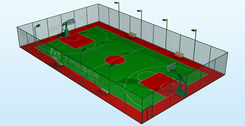 塑膠籃球場效果圖圖片，帶圍網(wǎng)燈光籃球架，